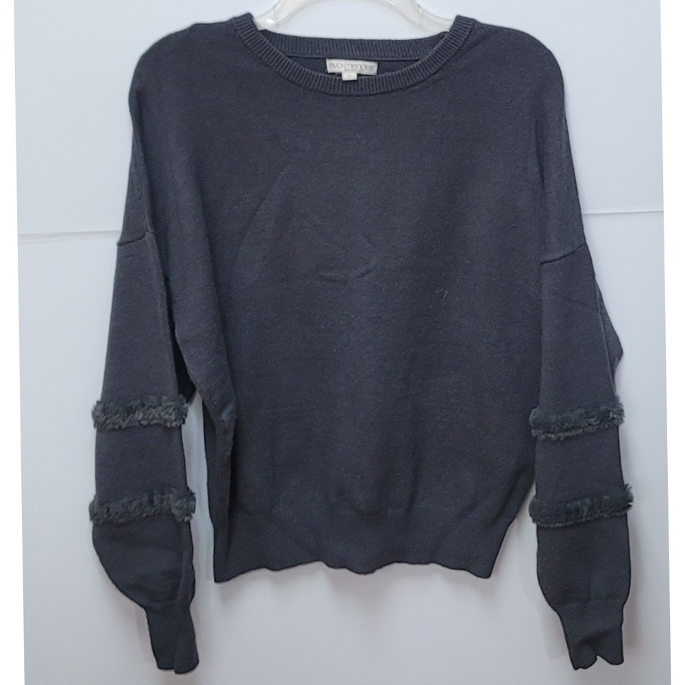 Eva Mendes NY & Co Dark Gray Faux FurTrim Sleeve Sweater L Minimalist Office Y2K